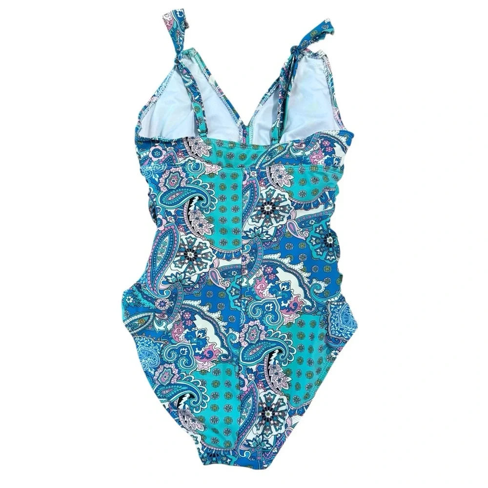 SPANX Assets by Sara Blakely Aqua Blue Pink Paisley One Piece Swimsuit‎ Small